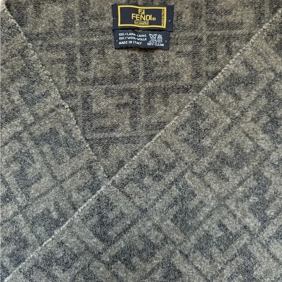 Fendi Zucca‎ Scarf Logo 100% Wool Olive Green Authentic Vintage Luxury Outdoor - Picture 6 of 7
